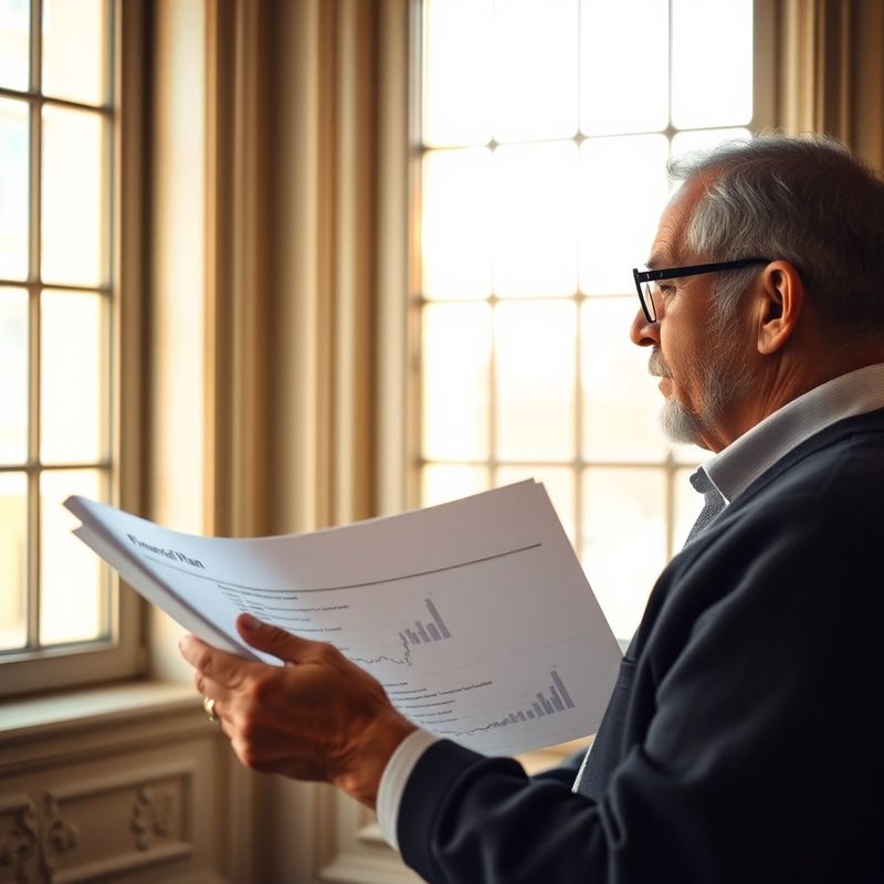 Starší muž prohlíží tištěný finanční plán u okna